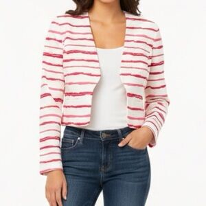 Nine West Blazer Cropped 4 Pink Off White Striped Open Front
